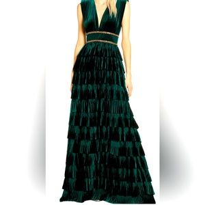 BRONX & BANCO Green Velvet Tiered Gown.  WORN 1x. Excellent condition. Size XS